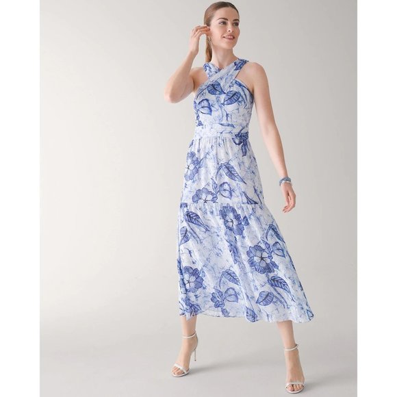 NWT WHBM Blue Floral Batik Halter Midi Dress Size 2 - Picture 4 of 9